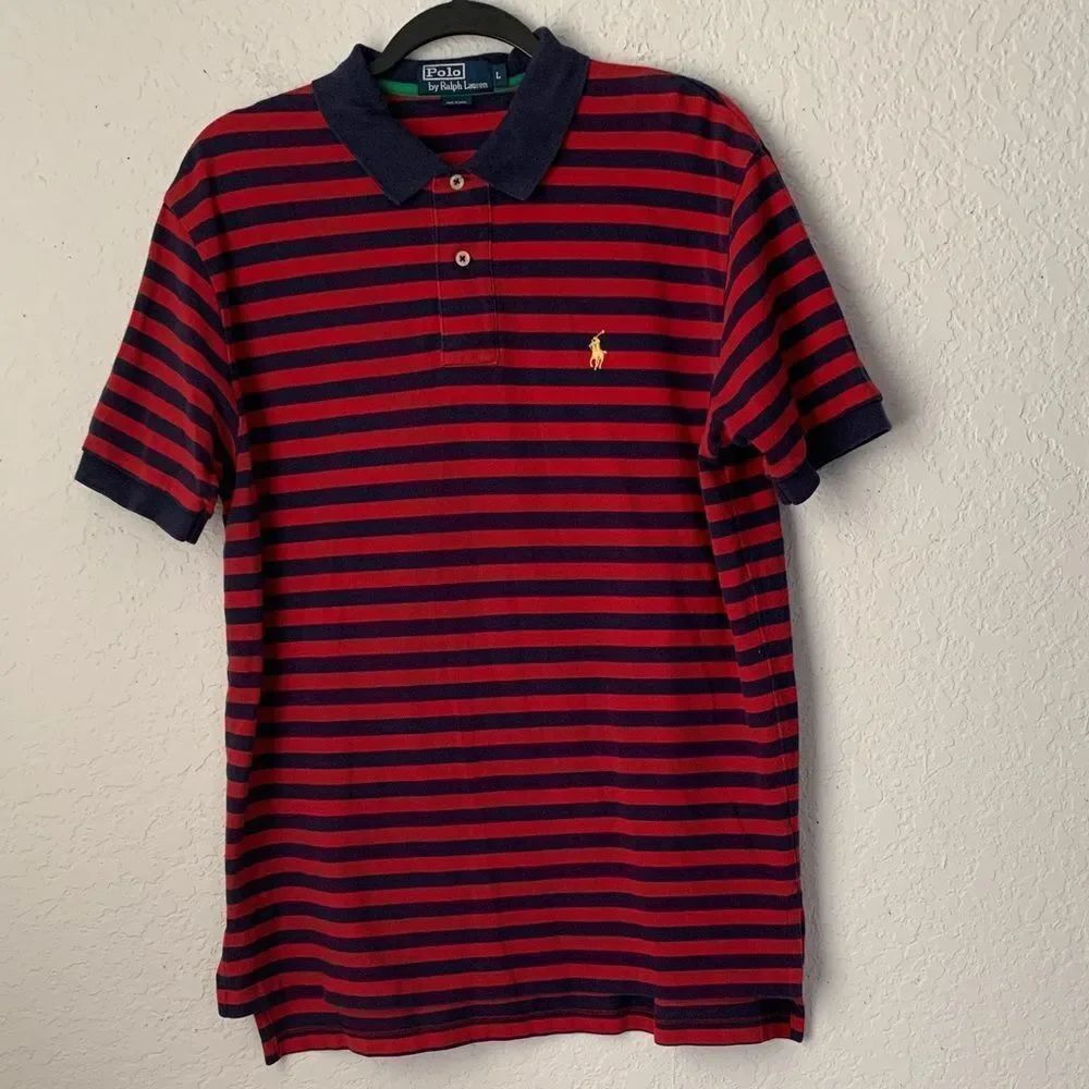 Polo by Ralph Lauren Men's Cotton Striped Red/Navy Blue Polo Shirt Size L